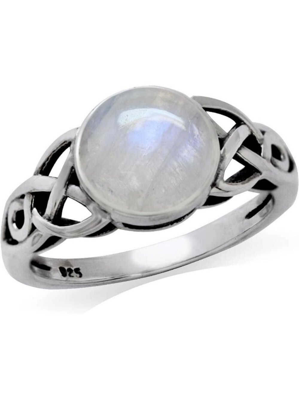Natural Moonstone 8mm Sterling Silver Triquetra Celtic Knot Solitaire Ring
